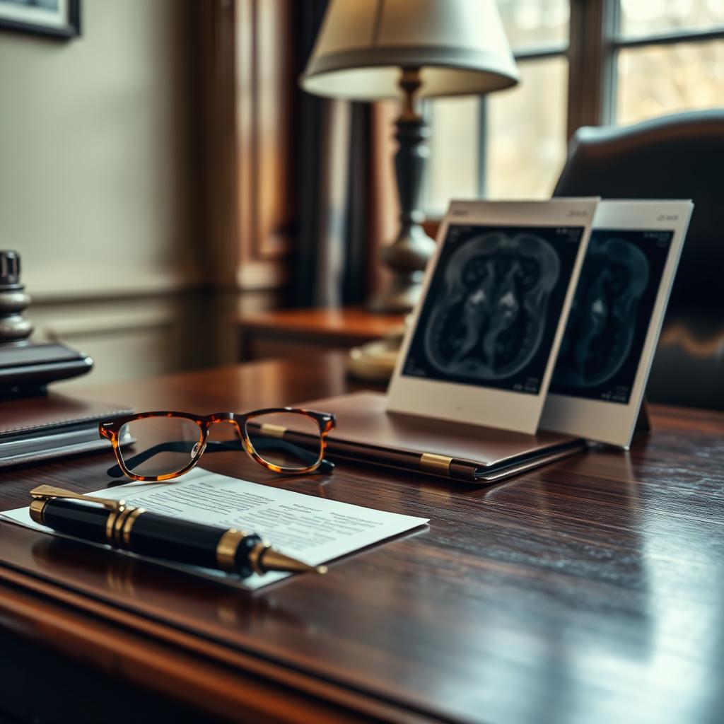 Attorney's desk with a report, fountain pen, reading glasses, and MRI films.
