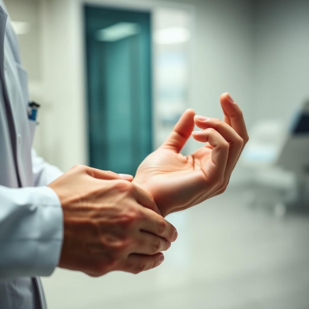 Close-up of a physician examining a patient's hand and wrist.