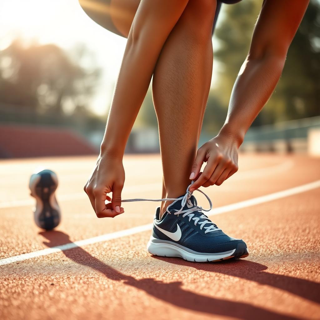 Athlete lacing up running shoes on a sunlit outdoor track.