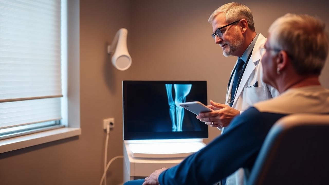 Orthopedic surgeon reviewing a knee X-ray on a lightbox with a patient in a San Diego exam room.