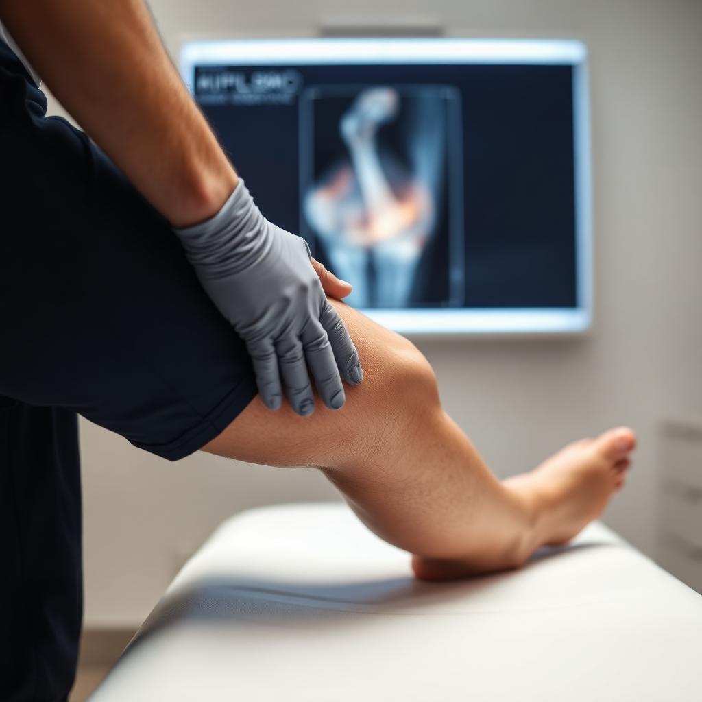 Physician's gloved hand examining a patient's knee with a knee X-ray on the wall.