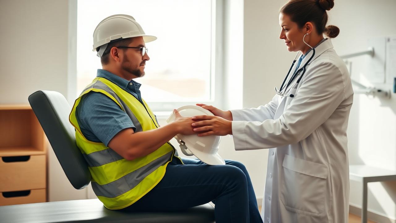Construction worker in a high-visibility safety vest being evaluated by a physician in a clinic exam room.