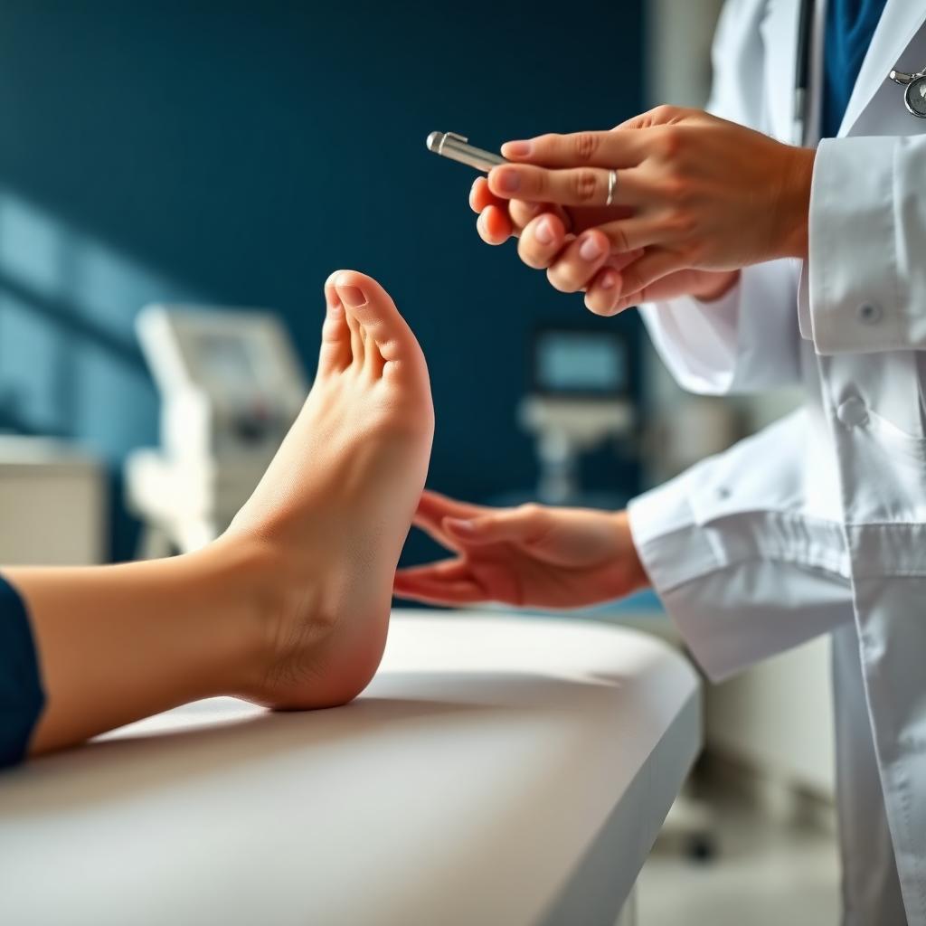 Physician examining a patient's foot and ankle on an exam table.